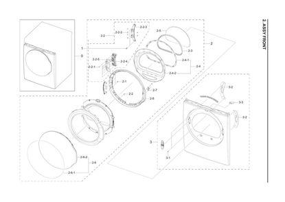 Front Assembly Diagram and Parts List for DV22K6800EW A1-11 Samsung Dryer