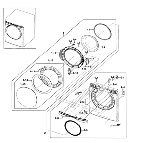 Front / Door Assembly Diagram and Parts List for DV409AER XAA-01 Samsung Dryer
