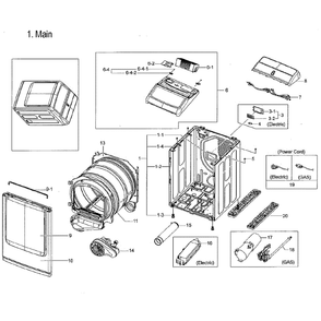 Main Assembly Diagram and Parts List for DVE54M8750V A3-0000 Samsung Dryer