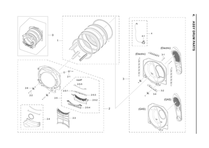 Drum Parts Assembly Diagram and Parts List for DVG50R8500W A3-00 Samsung Dryer