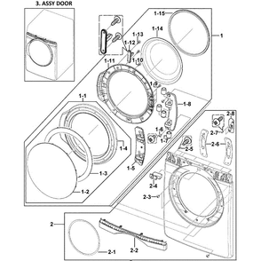Front Assembly Diagram and Parts List for DV409AGW XAA-0000 Samsung Dryer
