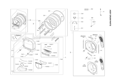 Drum Parts Assembly Diagram and Parts List for DV45K7100EW A3-00 Samsung Dryer
