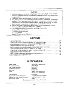 Warning/contents/specifications Diagram and Parts List for MW2030U XAA Samsung Microwave