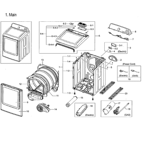 Main Assembly Diagram and Parts List for DVG52M7750W A3-0000 Samsung Dryer