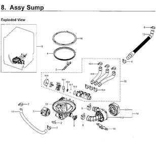 Sump Diagram and Parts List for DW80H9930US AA-0001 Samsung Dishwasher