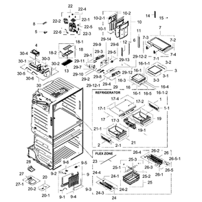 Fridge Assembly Diagram and Parts List for RF25HMEDBSR AA-0001 Samsung Refrigerator
