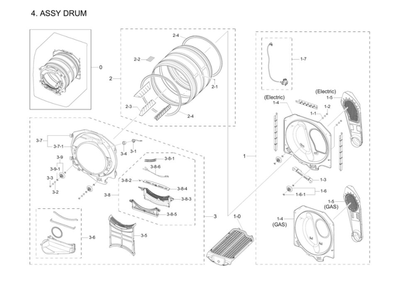 Drum Assembly Diagram and Parts List for DV42H5200EP A3-03 Samsung Dryer