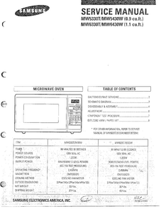 Microwave Service Manual Information Diagram and Parts List for MW5330T XAA Samsung Microwave