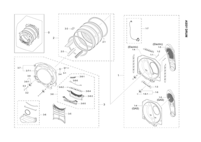 Drum Assembly Diagram and Parts List for DV42H5200GF A3-01 Samsung Dryer