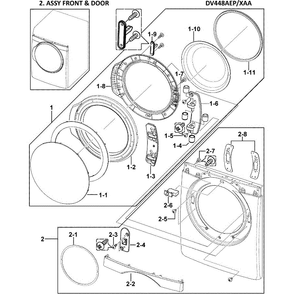 Front Assembly Diagram and Parts List for DV448AEP XAA-0002 Samsung Dryer