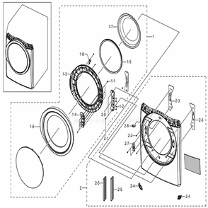Assembly Frame Front And Door Diagram and Parts List for DVE45N5300W (A3)(0000) Samsung Dryer