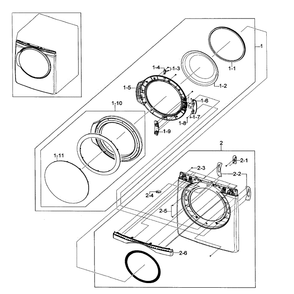 Front / Door Assembly Diagram and Parts List for DV419AEU XAA-01 Samsung Dryer