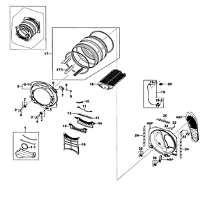 Drum Assembly Diagram and Parts List for DV511AER XAA-0000 Samsung Dryer