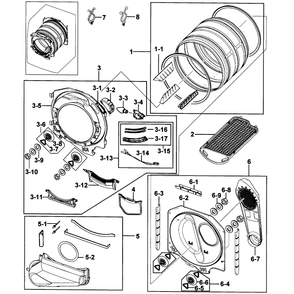 Drum Assembly Diagram and Parts List for DV218AEW XAA-0000 Samsung Dryer