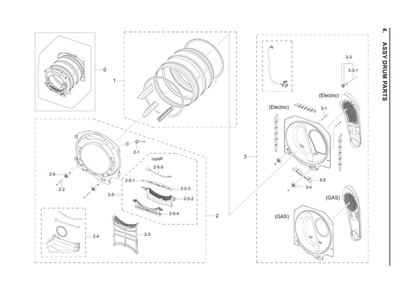 Drum Assembly Diagram and Parts List for DVG45R6100P A3-00 Samsung Dryer