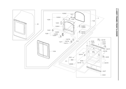 Front Frame And Door Assembly Diagram and Parts List for DV40J3000EW A2-02 Samsung Dryer