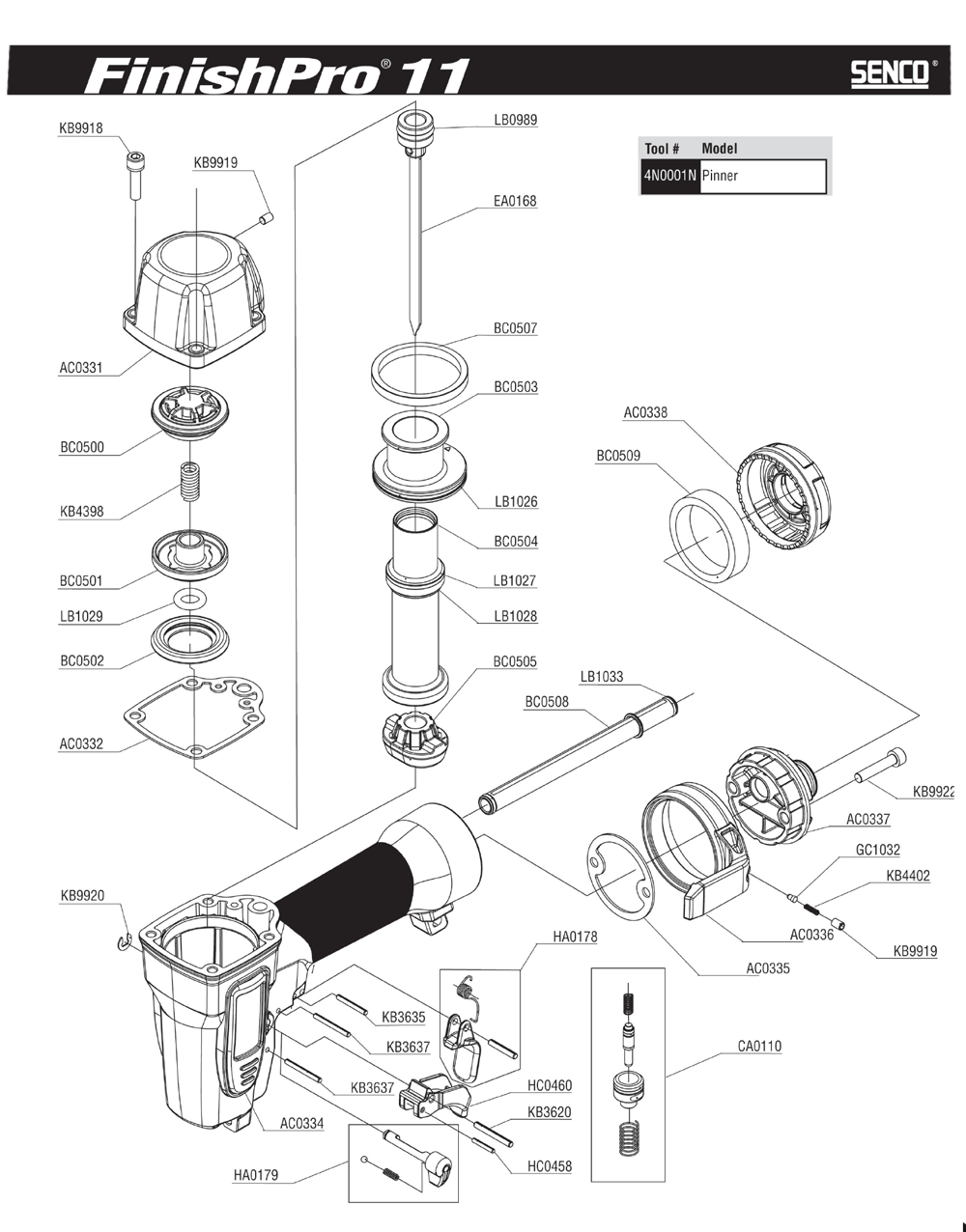 Diagram 1 Diagram and Parts List for FINISHPRO1123GA 4N0001N Senco Nailer