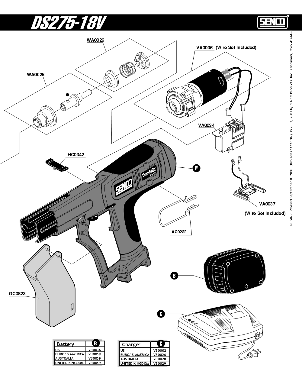 Diagram 1 Diagram and Parts List for DS275 18V2P0001N Senco Screwdriver