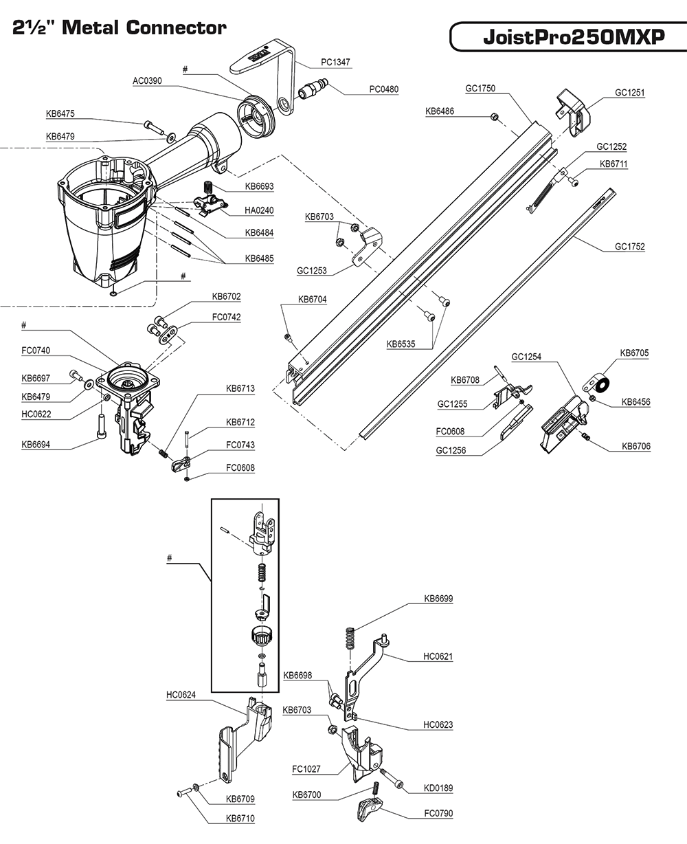 Fig-1 Diagram and Parts List for JOISTPRO250MXP 10R0001N Senco Nailer