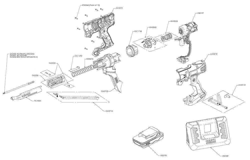 Fig-0 Diagram and Parts List for DS322-18V 10C0001N Senco Screwdriver