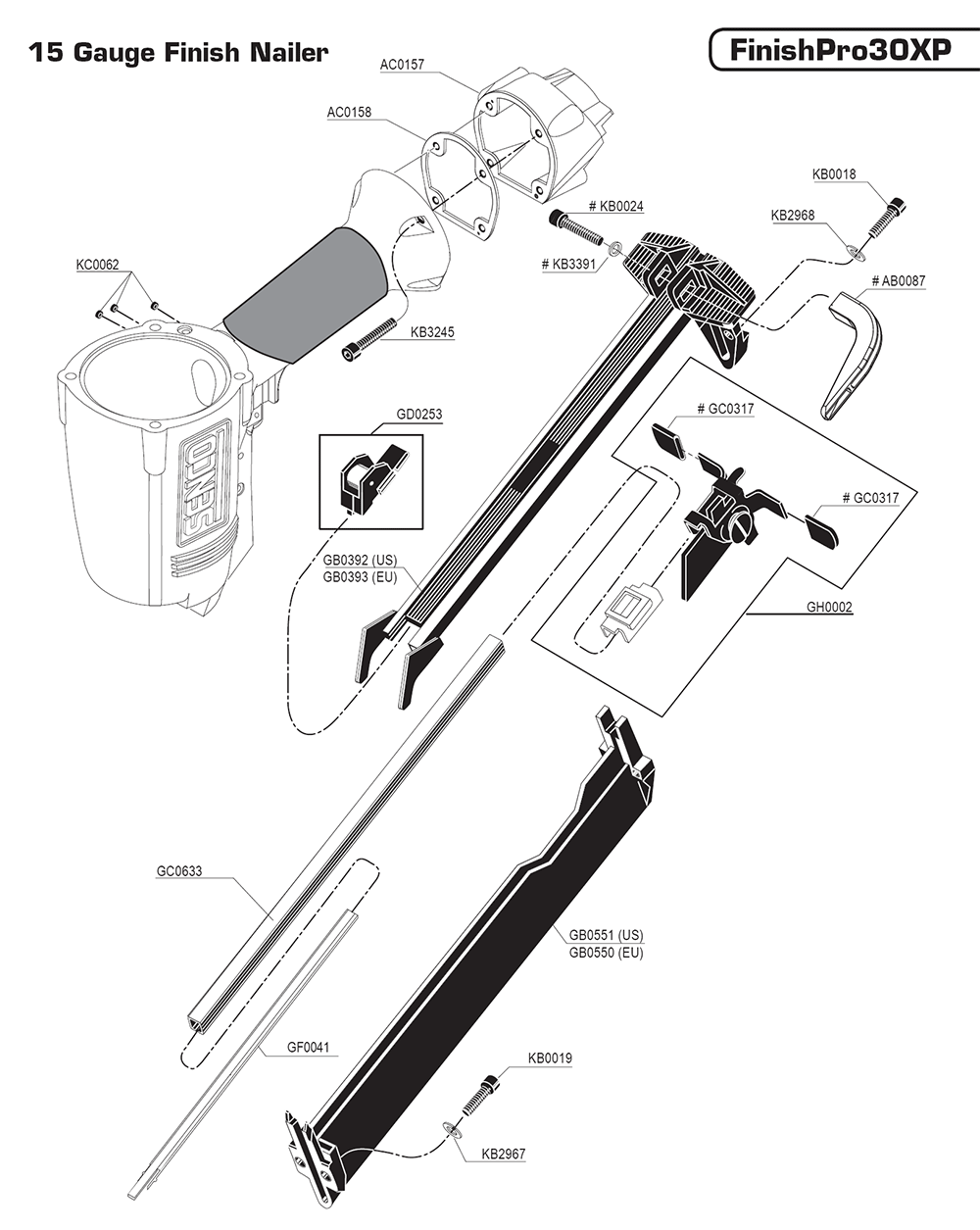 Fig-1 Diagram and Parts List for FINISHPRO30XP 9P0002N Senco Nailer