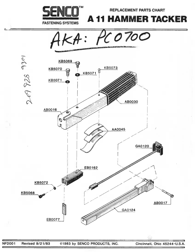 Fig-0 Diagram and Parts List for A11 PC0700 Senco Nailer