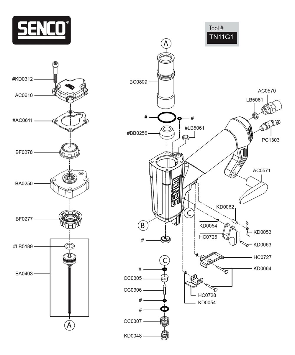 Fig-0 Diagram and Parts List for TN11G1  Senco Nailer