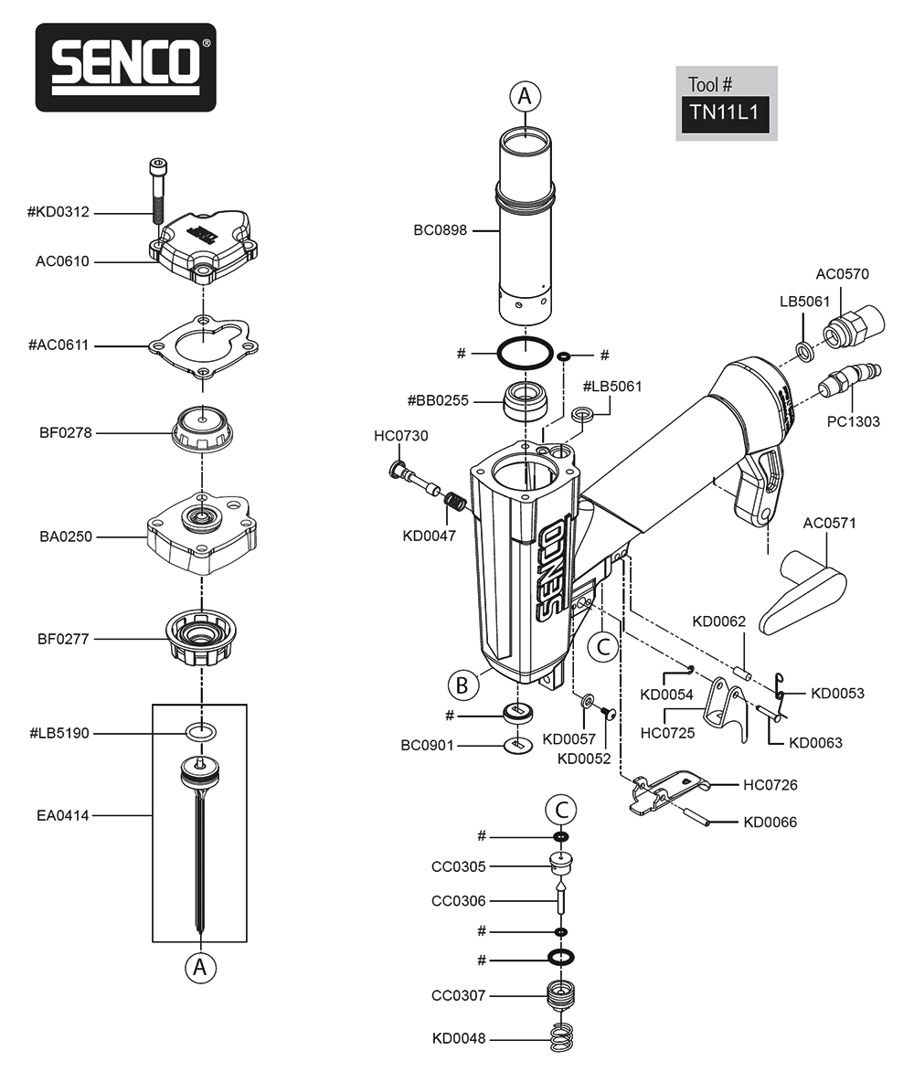 Fig-0 Diagram and Parts List for TN11L1  Senco Nailer