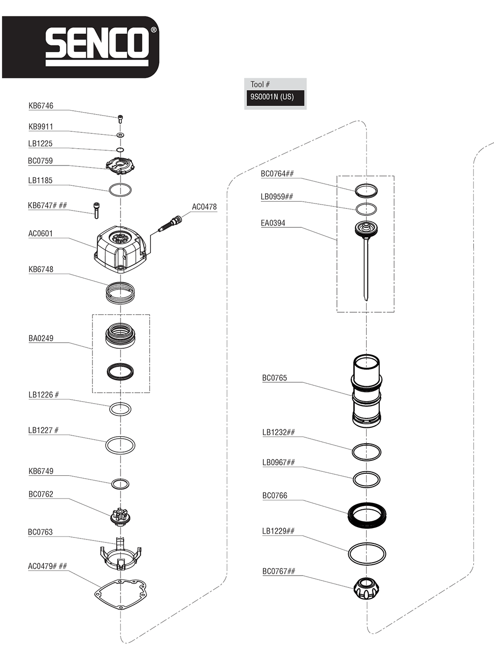 Fig-0 Diagram and Parts List for FINISHPRO16XP 9S0001N Senco Nailer