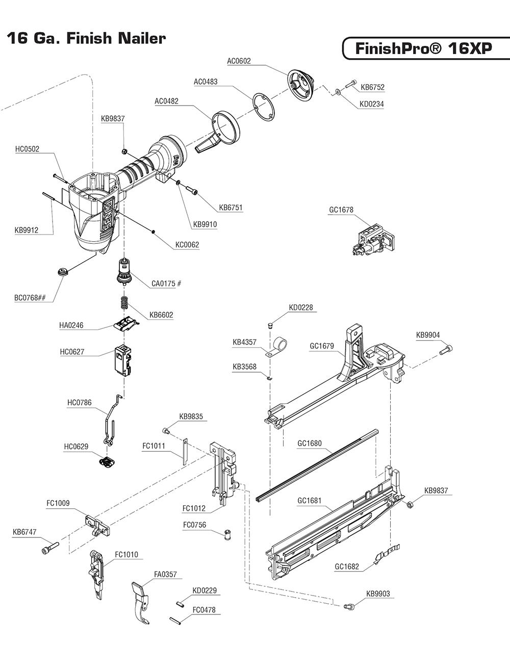 Fig-1 Diagram and Parts List for FINISHPRO16XP 9S0001N Senco Nailer