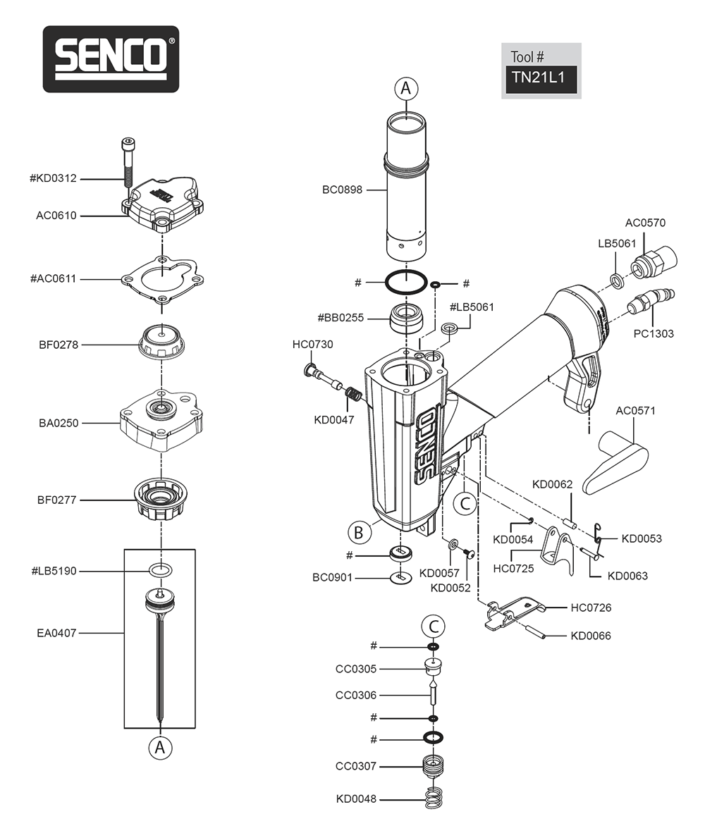 Fig-0 Diagram and Parts List for TN21L1  Senco Nailer
