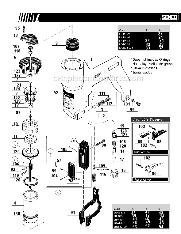 Page A Diagram and Parts List for L LN2532-3/4 Senco Nailer