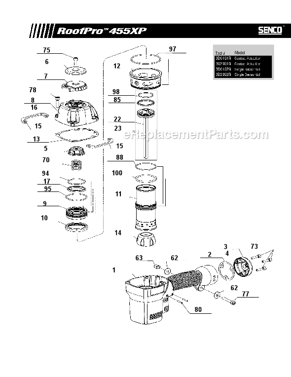 Page A Diagram and Parts List for 455XP roofpro Senco Nailer
