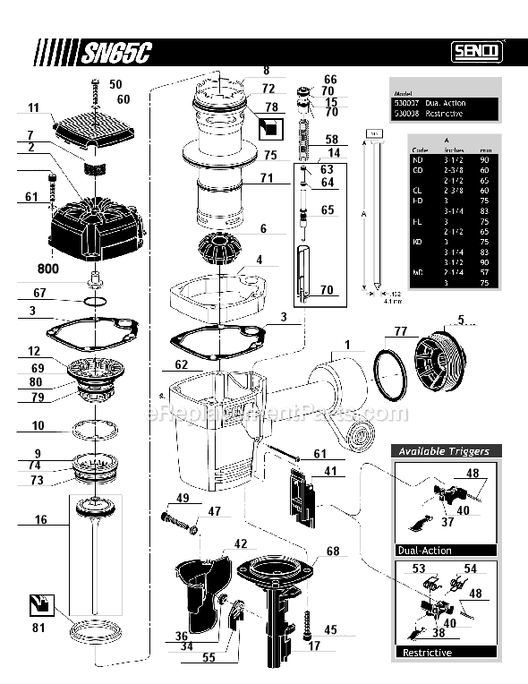 Page A Diagram and Parts List for SN65C  Senco Nailer