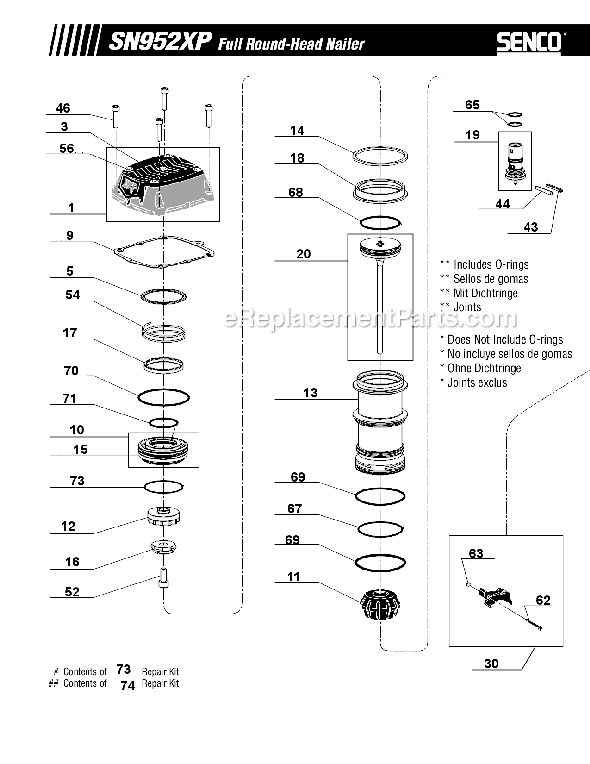 Page A Diagram and Parts List for SN952XP  Senco Nailer
