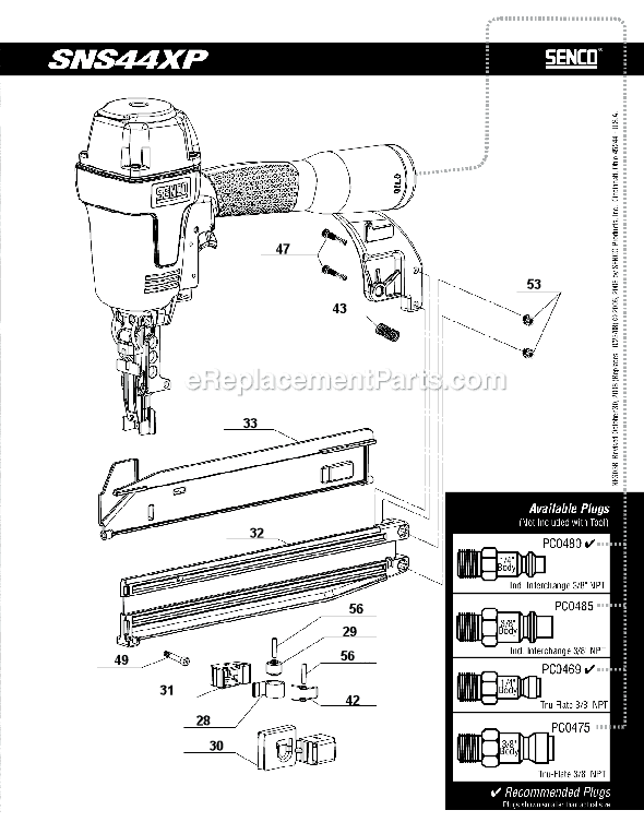 Page B Diagram and Parts List for SNS44XP  Senco Nailer