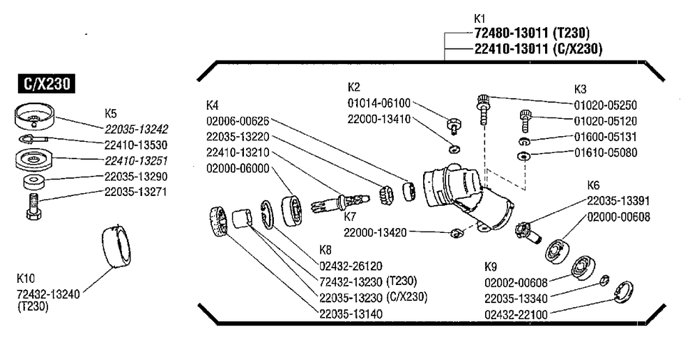 Gearcase Diagram and Parts List for C230 20000303 - 20999999 Shindaiwa Brush Cutter