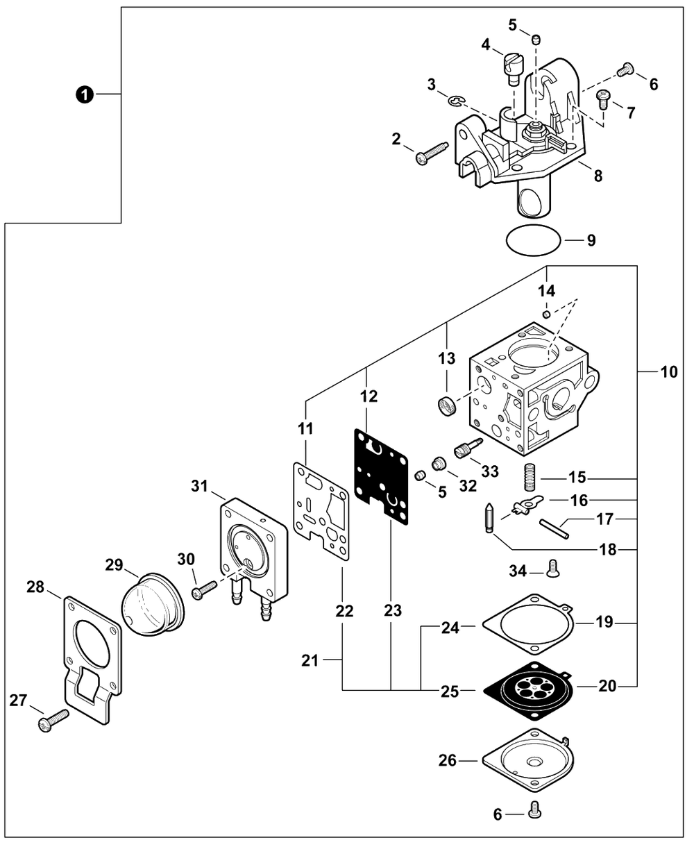 Carburetor Diagram and Parts List for FH235 T47914001001 - T47914999999 Shindaiwa Hedge Trimmer