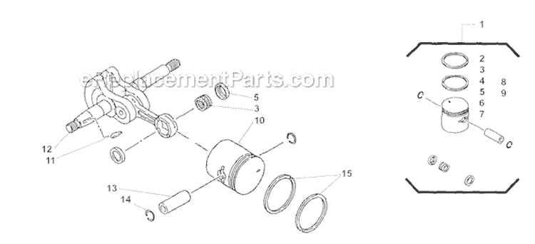 Piston, Crankshaft Diagram and Parts List for 357  Shindaiwa Chainsaw