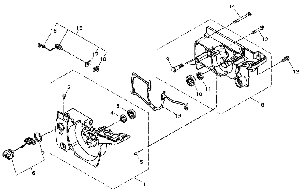 Crankcase Diagram and Parts List for 360EMC 20001001 - 20999999 Shindaiwa Chainsaw