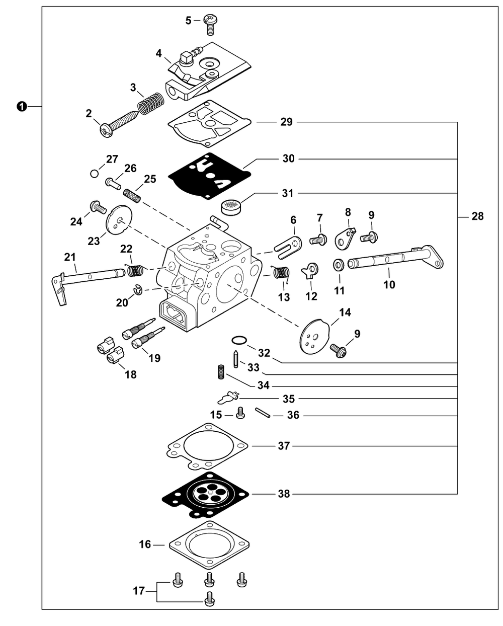 Carburetor Diagram and Parts List for 492 C83615001001 - C83615999999 Shindaiwa Chainsaw