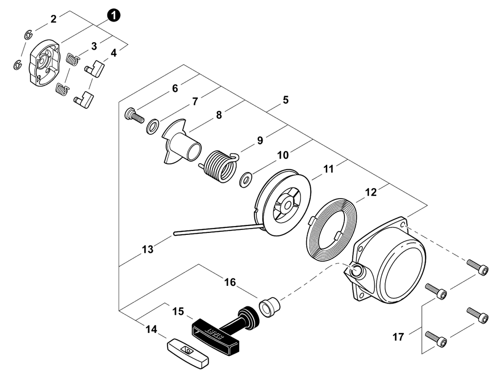 Recoil Starter Diagram and Parts List for EB633RT P54213001001 - P54213999999 Shindaiwa Leaf Blower / Vacuum