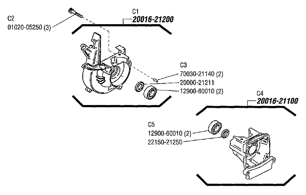 Crankcase Diagram and Parts List for C230 20000303 - 20999999 Shindaiwa Brush Cutter