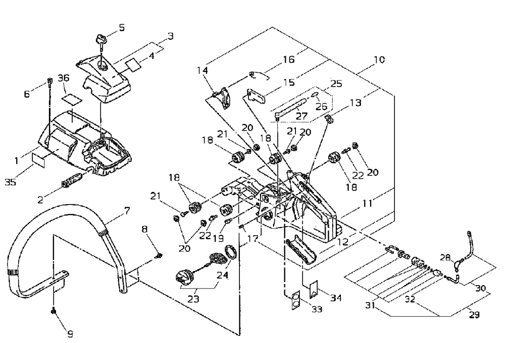 Rear Handle Diagram and Parts List for 360EMC 20001001 - 20999999 Shindaiwa Chainsaw