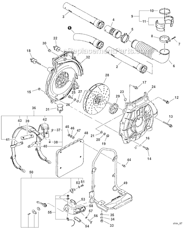 Backpack Frame, Blower Tubes, Fan Cover Diagram and Parts List for EB45  Shindaiwa Leaf Blower / Vacuum