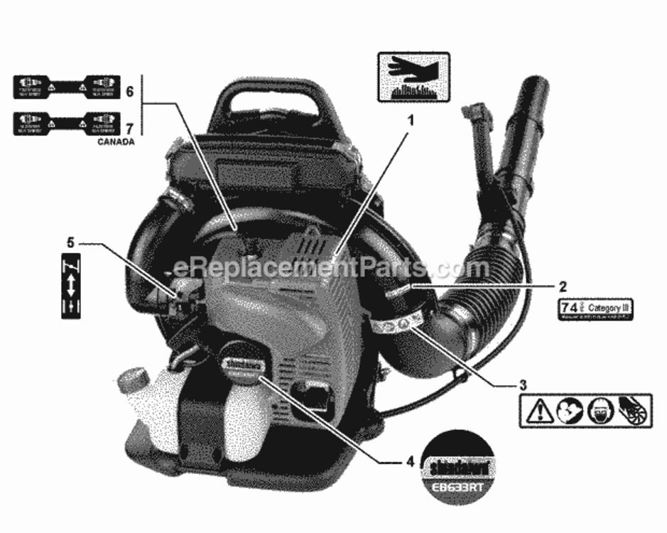 Labels Diagram and Parts List for EB633RT P39213001001 - P39213999999 Shindaiwa Leaf Blower / Vacuum