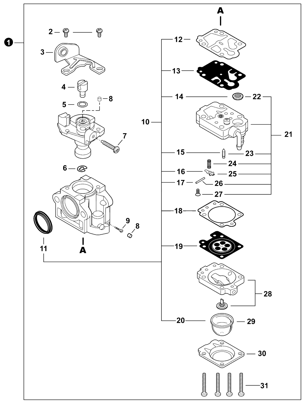 Carburetor Diagram and Parts List for EB633RT P54213001001 - P54213999999 Shindaiwa Leaf Blower / Vacuum