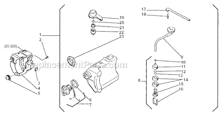 Tanks Diagram and Parts List for EC350  Shindaiwa Chainsaw