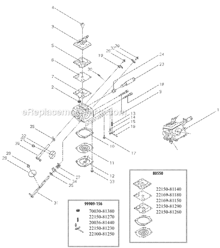 Carburetor Diagram and Parts List for EC7600  Shindaiwa Chainsaw