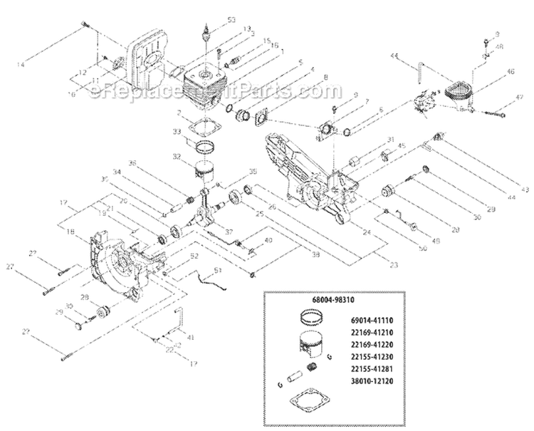 Crankcase, Cylinder, Muffler Diagram and Parts List for EC7600  Shindaiwa Chainsaw